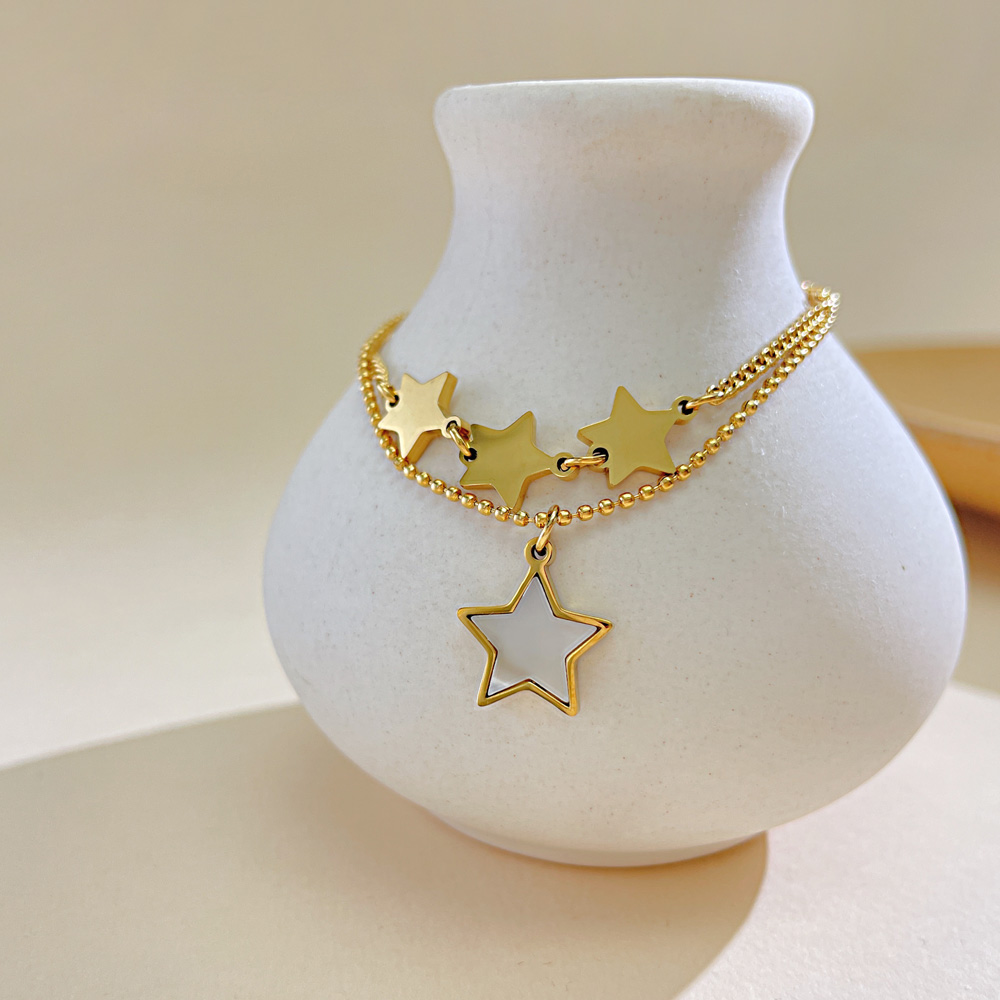 Fashion Simple Pearl Oysters Five-pointed Star Bracelet Stainless Steel Personality Double Layered Chain Anklet 8.5inch +5cm Gold Plated n164