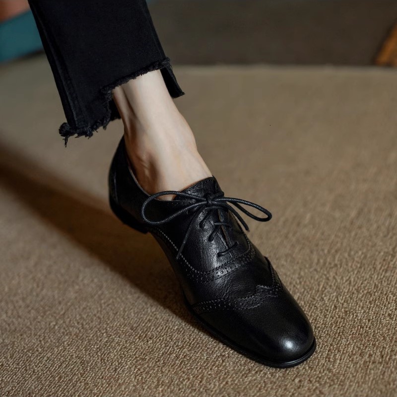Dress Shoe Basic Brogue Real Leather Comfort Flats Square Toe Woman LaceUp Cowhide Retro Oxfords For New Daily British Style 230823