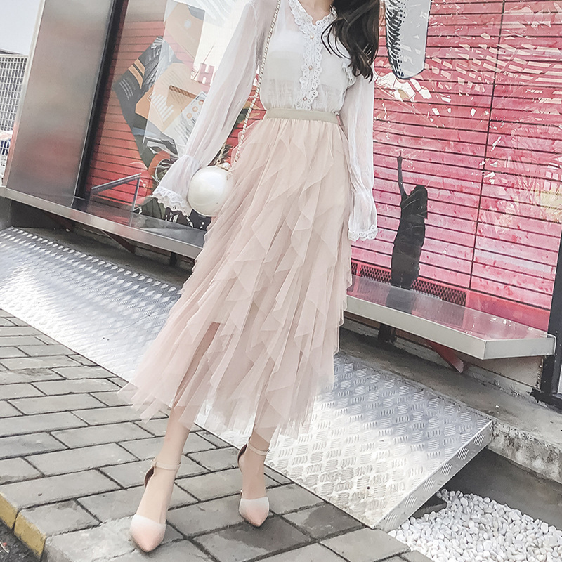 Skirts Qooth Women Tulle Cake Mesh Skirt Elegant Elastic Waist Fairy Long Aline Tutu Skirt For Spring Summer QT2138 230823