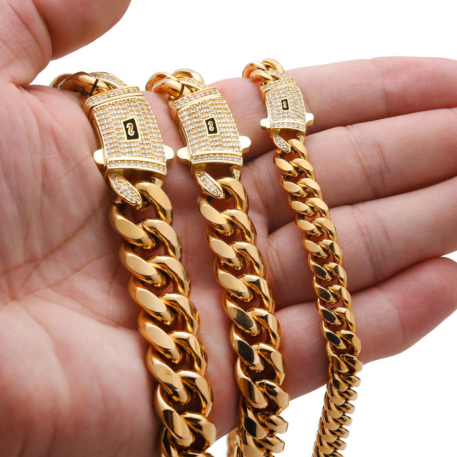 6-14mm Hip Hop Solid Stainless Steel Miami Cuban Link Chain Zircon Clasp Mens Simple High Polished Jewelry