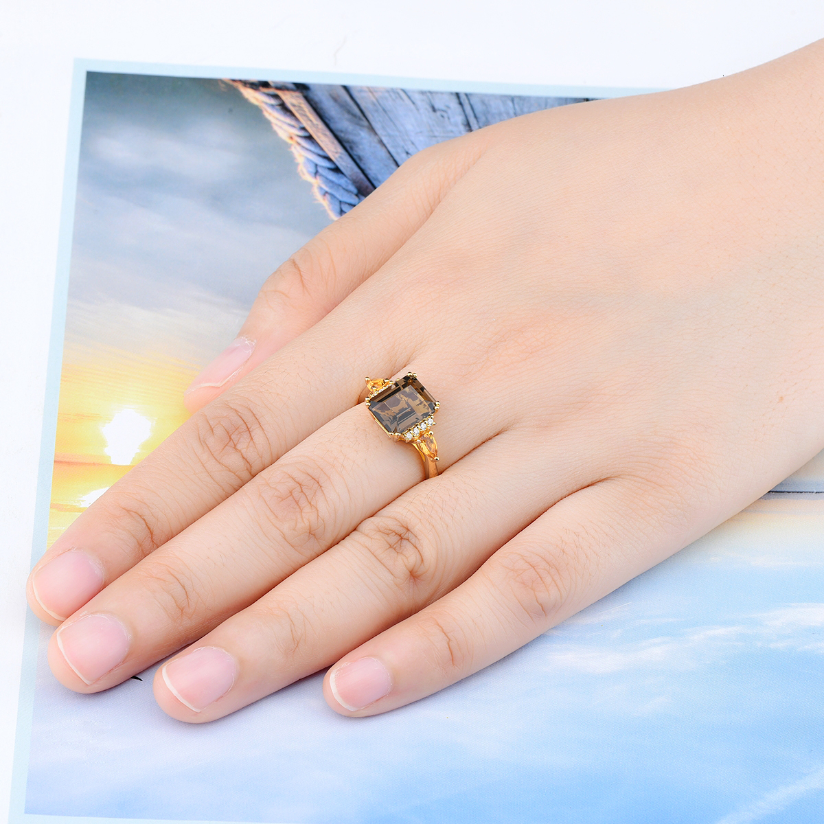 Wedding Rings Natural Smoky Quarts Silver Yellow Gold Plated 3 6 Carats Genuine Citrine Women s Classic Style S925 Fine Jewelry 230822