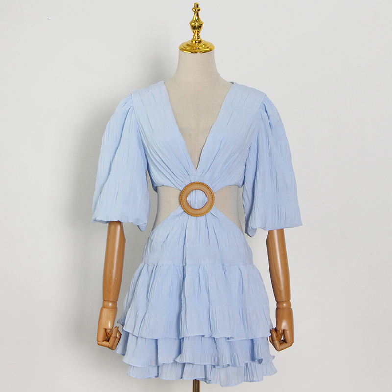 Basic Casual Dresses TWOTWINSTYLE White Sexy Dress For Women V Neck Lantern Half Sleeve Hollow Out High Waist Mini Female Summer Clothing 230822