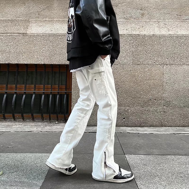 Men s Jeans Hip Hop White Straight Ripped Casual Mens Pants Both Side Tassel Wide Leg Streetwear Denim Trousers Oversized Men Clothing 230823