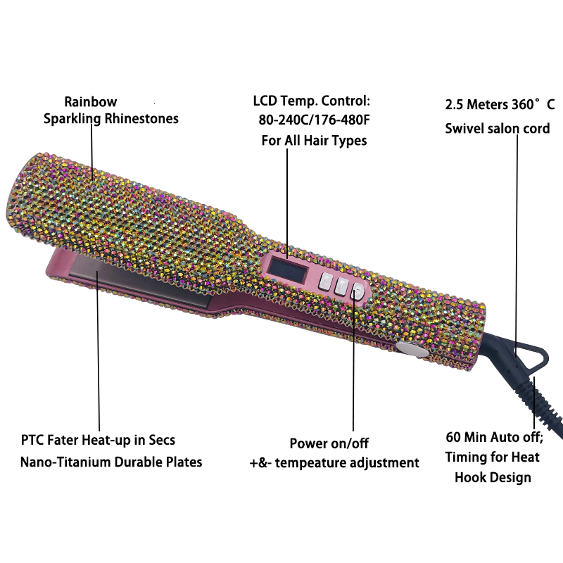 Hair Straighteners Straightener 2 Inch Crystal Flat Iron Professional Nano Plate Straightening MCH Instant Heat up 480 230823