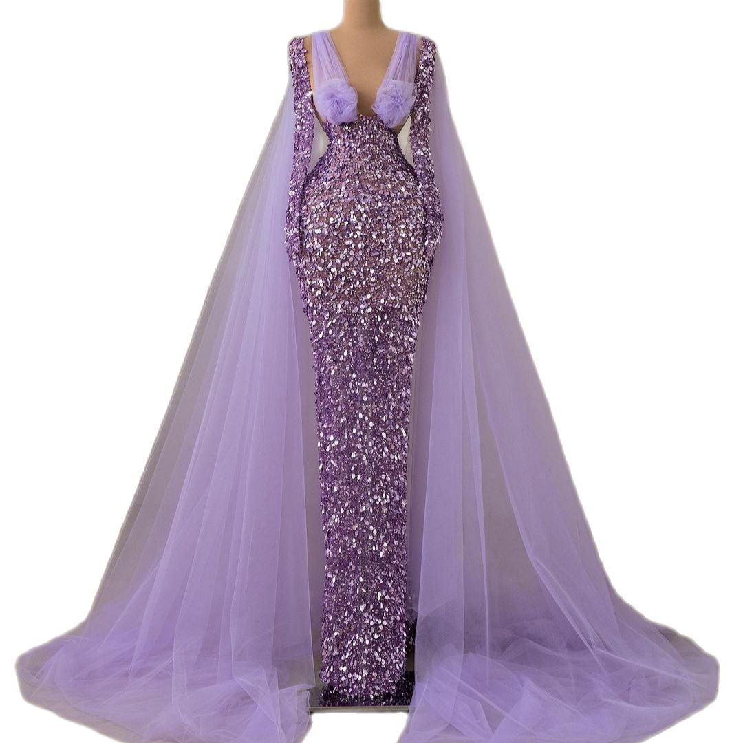 Fairy Purple Evening Dress V Neck Sequins Prom Gowns Illusion Slim Crystals Party Dresses Custom Made