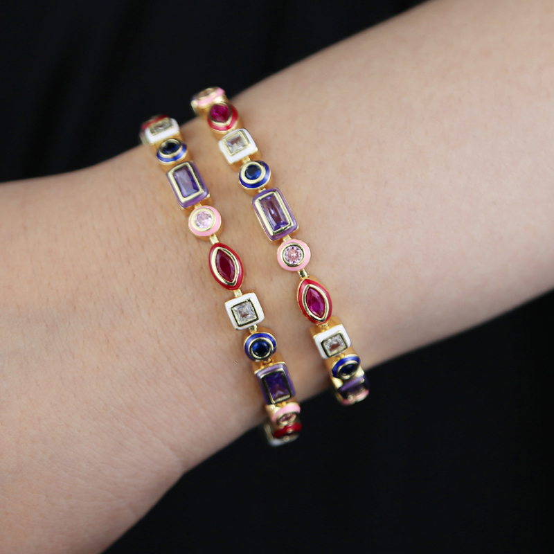 Charm Bracelets Gold Color 2023 Summer Fashion Colorful Jewelry 5A Cubic Zirconia CZ Enamel Geometric Tennis Chain Bracelet 230822