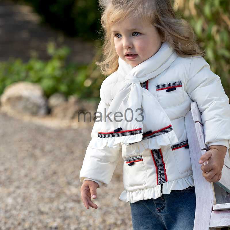 Down Coat Dave Bella Winter Baby Girls Draped Down Coat Children 90 White Duck Down Padded Kids Jacket With a Scarf DB19217 J230823