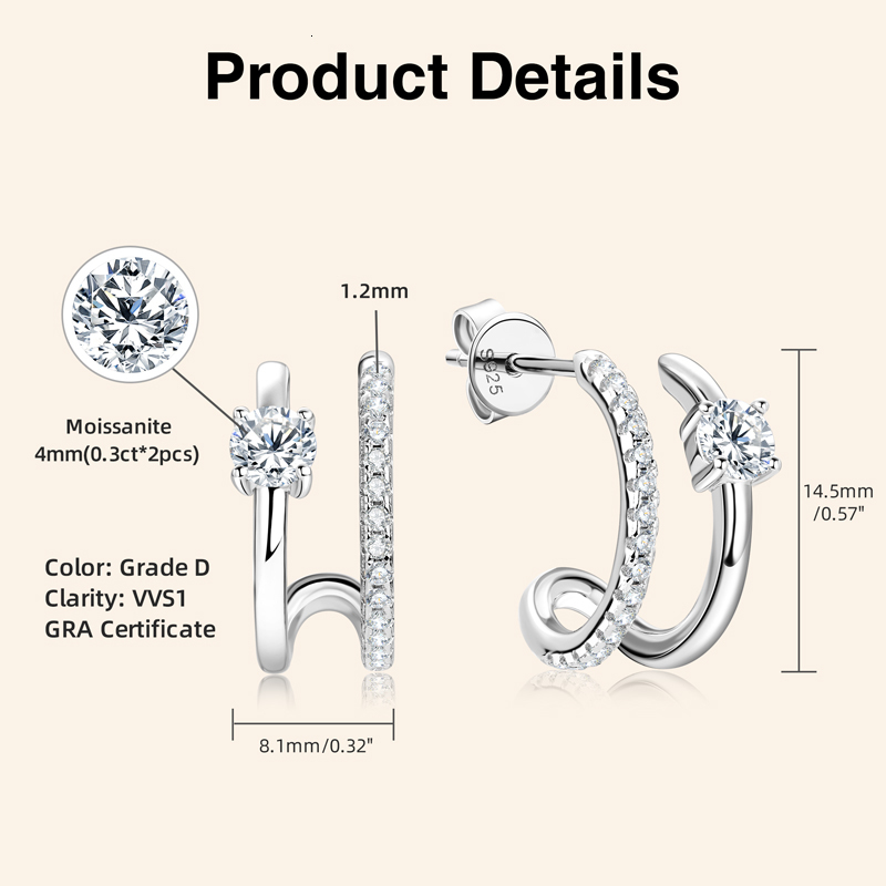 Ear Cuff IOGOU D Stud Earrings for Women Girls 925 Silver Original Certified Jewelry Half Hoop Huggie Open C Shaped 230822