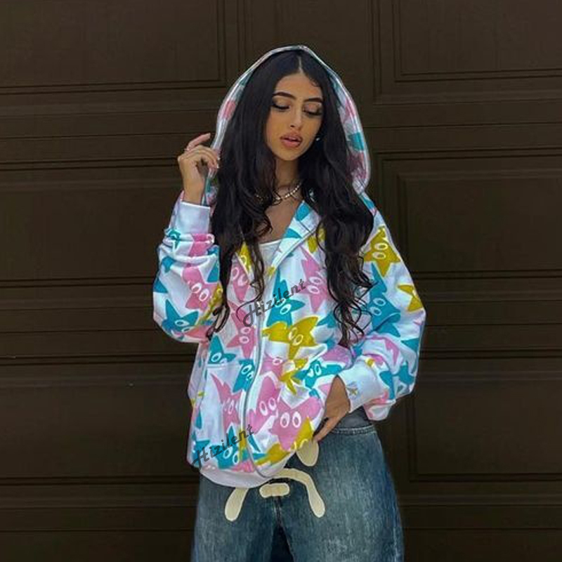 Women's Hoodies Sweatshirts Harajuku Zip-Up Goth Punk Female Jacket Hoodie Hip Hop Oversize Y2K Women Hoodies Autumn Streetwear Star Print White 