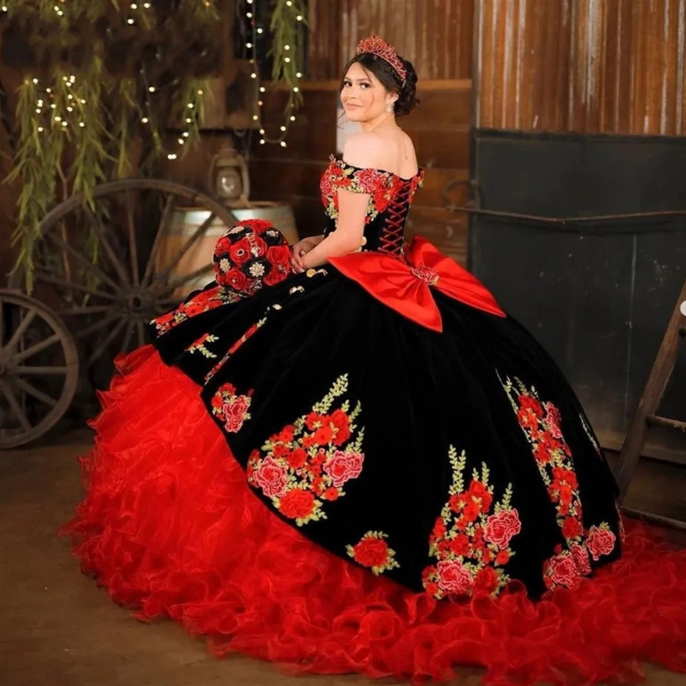 Mexican Red Ruffels Black Veet Quinceanera Dresses Vintage Charro Vestidos 15 Anos 2023 Big Bow Engagement Party 322 6660312