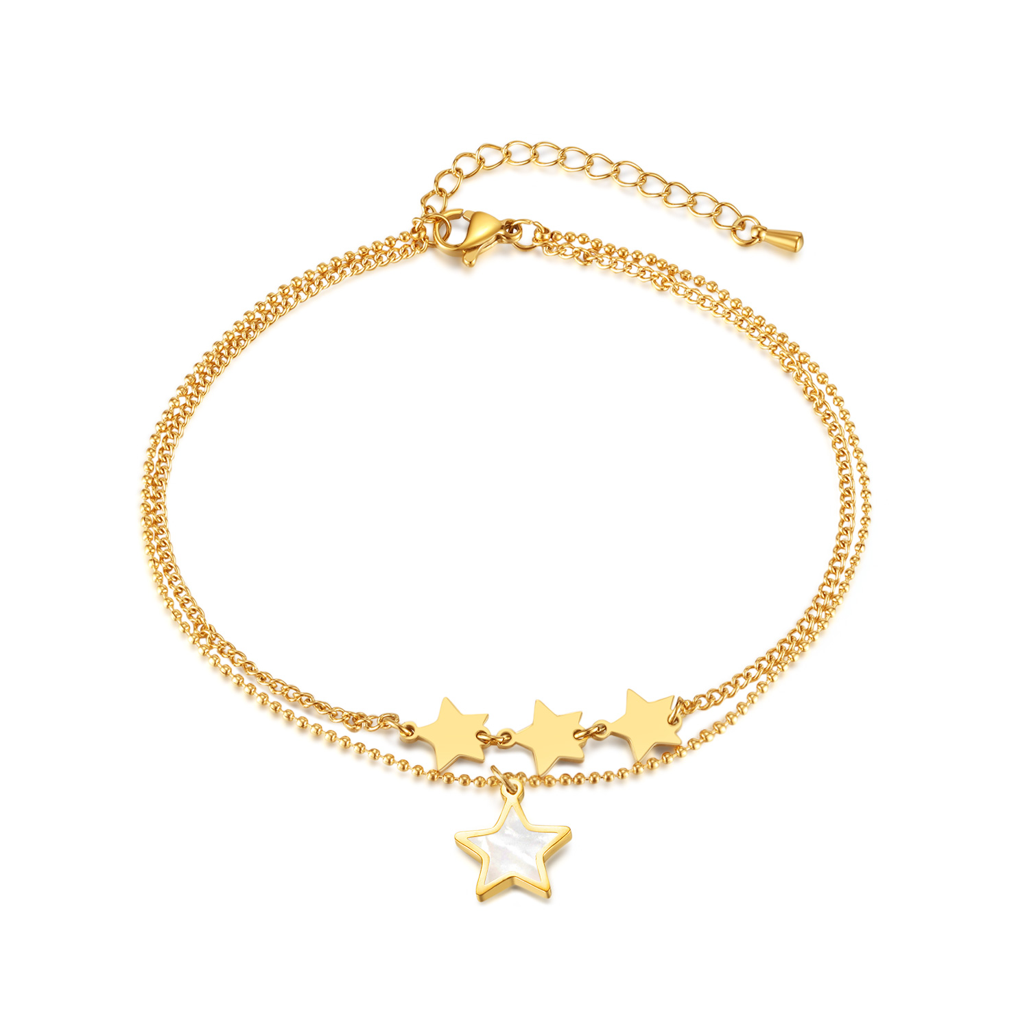 Fashion Simple Pearl Oysters Five-pointed Star Bracelet Stainless Steel Personality Double Layered Chain Anklet 8.5inch +5cm Gold Plated n164