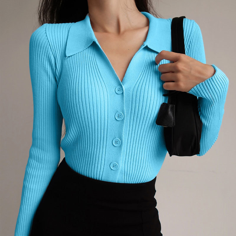 Women's Sweaters Women Lapel Slim Slimming Tops Ladies Hollow Buttons Sexy V Neck Long Sleeve POLO Neck Knit Cardigan Sweater Women 230822