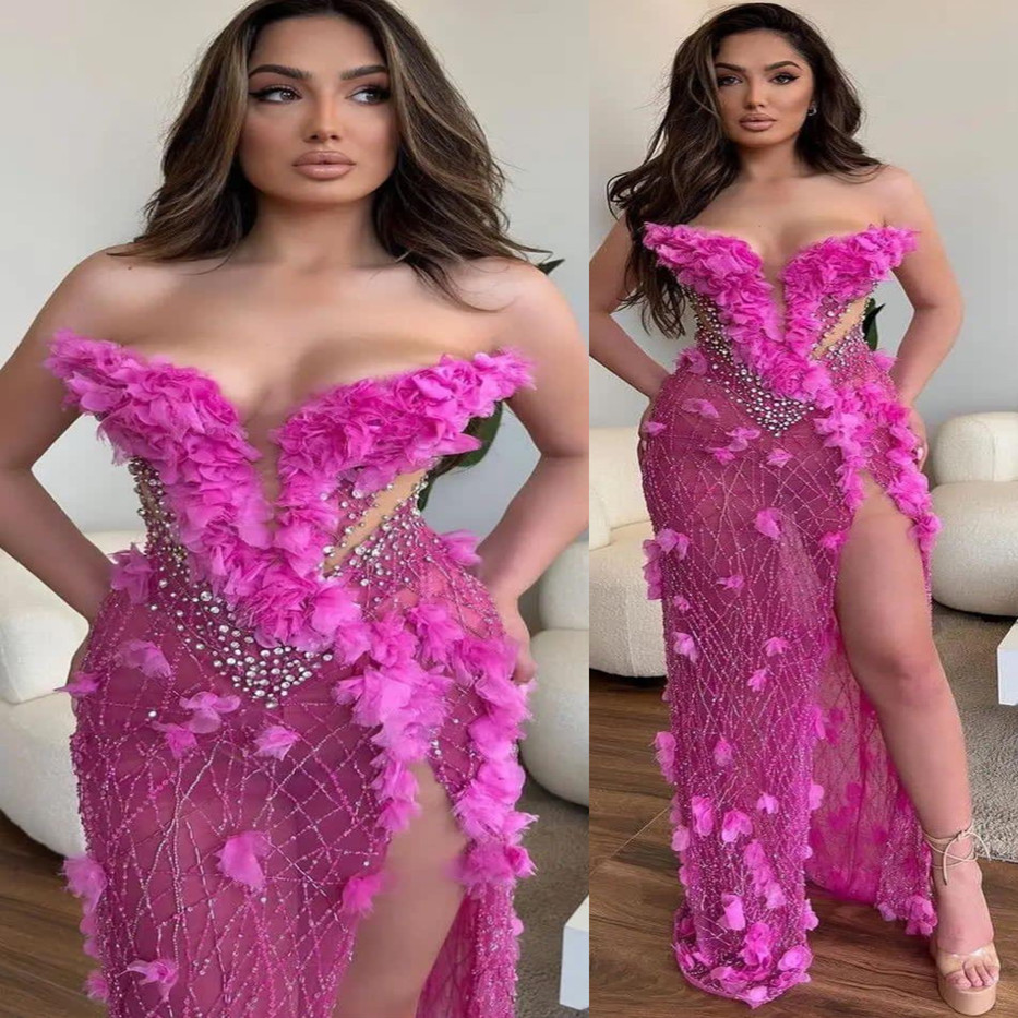 2023 August Aso Ebi Fuchsia Mermaid Prom Dress Crystals High Split Evening Formal Party Second Reception Birthday Engagement Gowns Dresses Robe De Soi