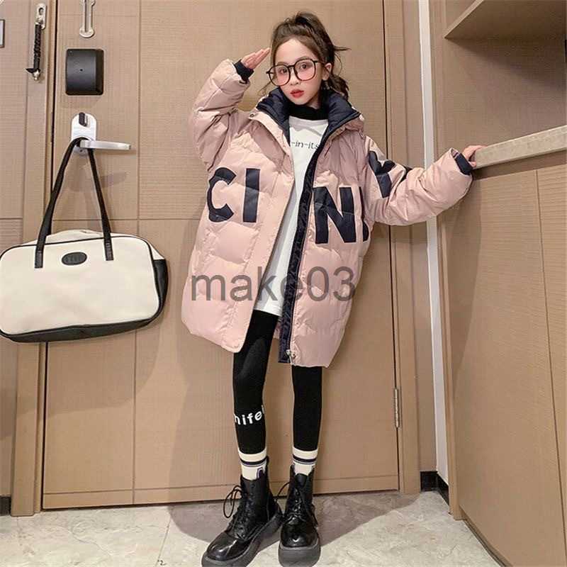 Down Coat 2023 Girls' Winter Cotton Clothing Down Padded Jacket Kids Hooded Letter Design Waterproof Long Coat For Child XMP438 J230823