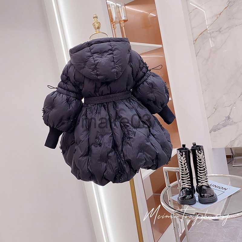 Down Coat Fashion Baby Girls Winter Jacket Cotton Padded Toddler Teens Hooded Long Coat Kids Black Flower Thick Child Outerwear XMP387 J230823
