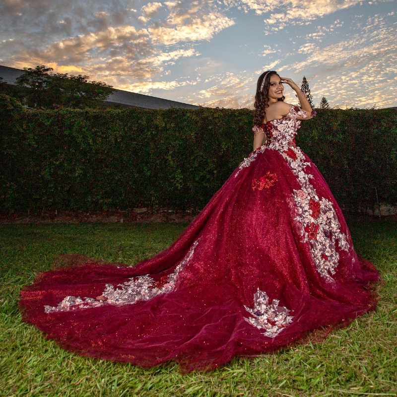 2024 Red Shiny Quinceanera Dresses Ball Gown Formal Prom Graduation Gowns 3Dwer Princess Lace Up Sweet Vestido De 15 Anos