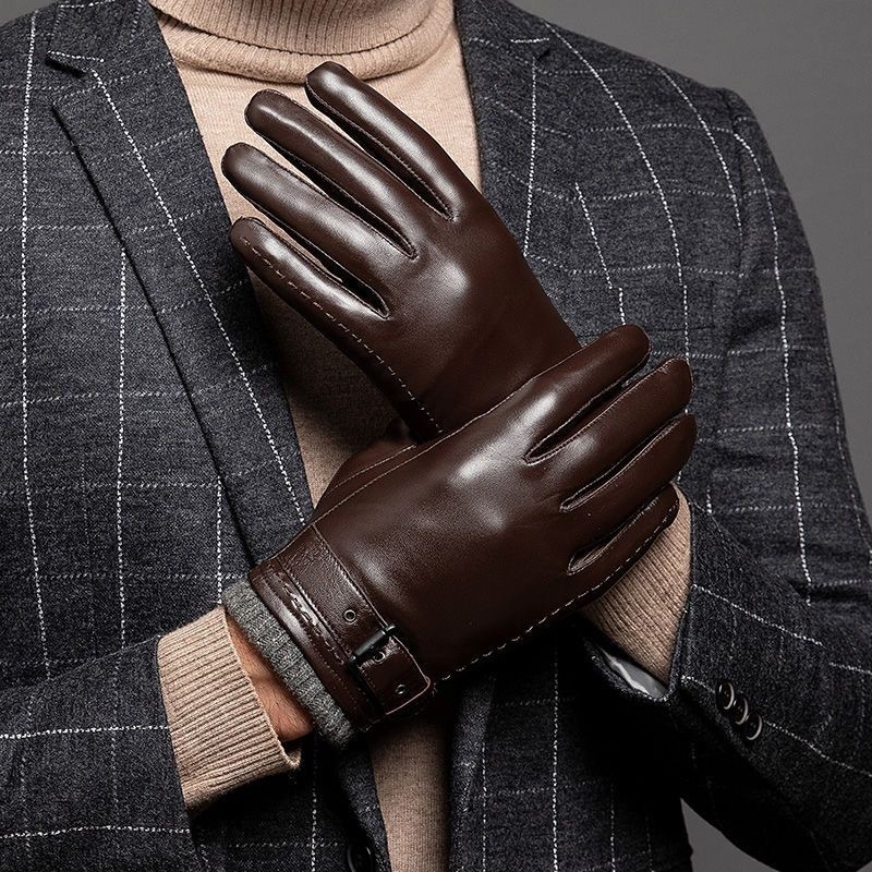 Five Fingers Gloves Genuine Leather Gloves For Men Male Sheepskin Touch Screen Winter Warm Windproof Mittens Driving Cycling Motorcycle Men's Glo