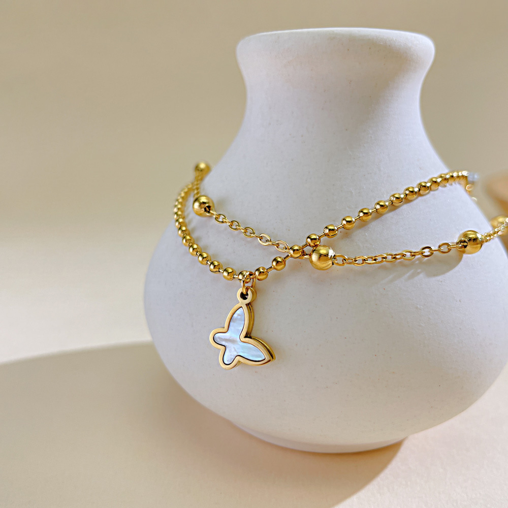 Pretty Pearl Butterfly Charms Bracelet CZ Stainless Steel Double Layered Beads Chain Anklet For Girls Women 8.5inch +5cm Gold Plated N162