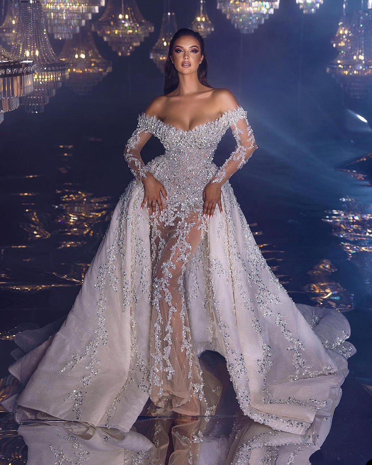 America Mermaid Wedding Dresses With Detachable Train Crystal Beaded Plus Size Off Shoulder Bridal Gowns Wedding Dress