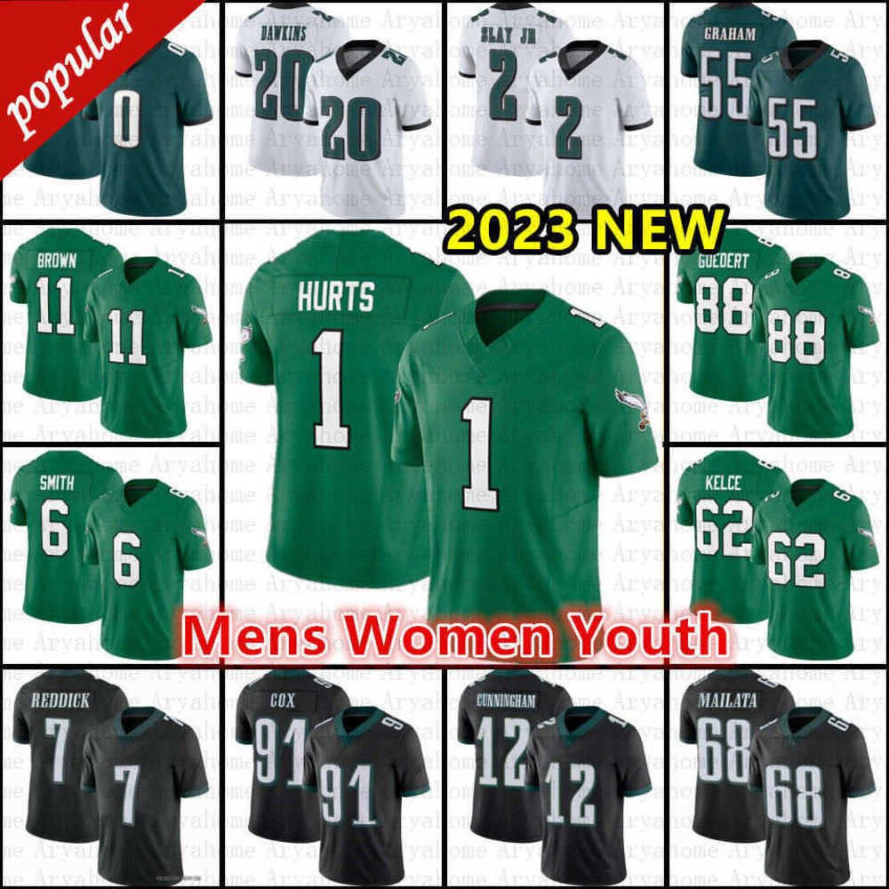 1 Jalen Hurts Football Jerseys UP Brown Eagles DeVonta Smith Kelly Green Jason Kelce Haason Reddick Nolan Jalen Carter Goedert D'Andre Swift Reggie White Darius 521ES