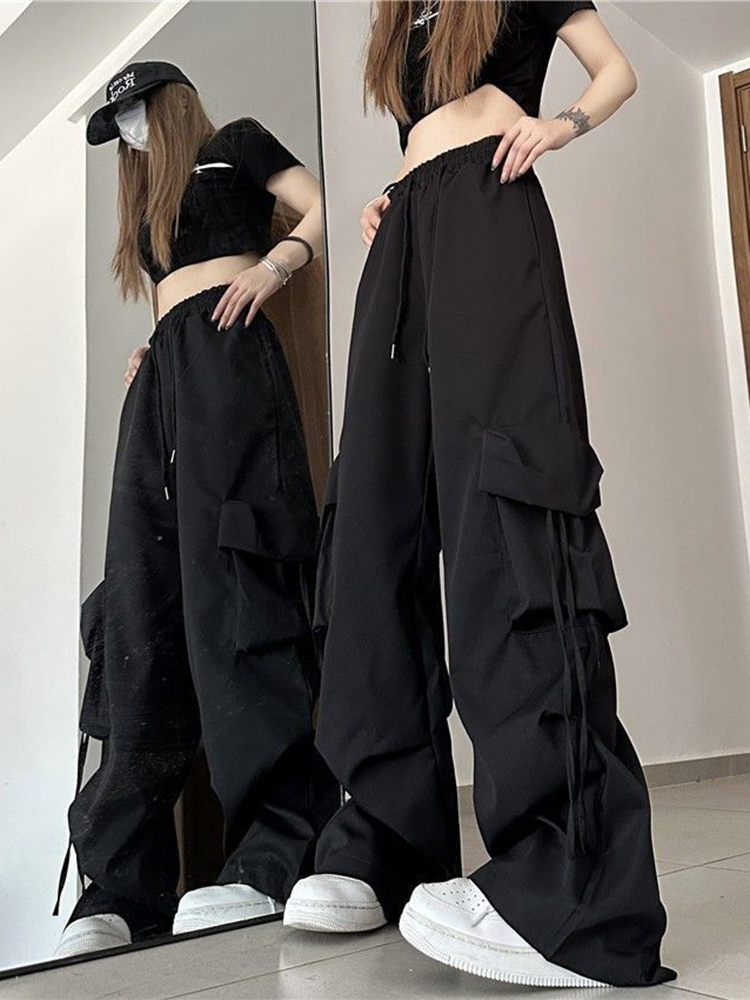 Women's Jeans Zoki Cargo Pant Women y2k Streetwear Hip Hop Loose Casual Trousers American High Waist Big Pockets Lace Up Fashion Lady Pants 23082