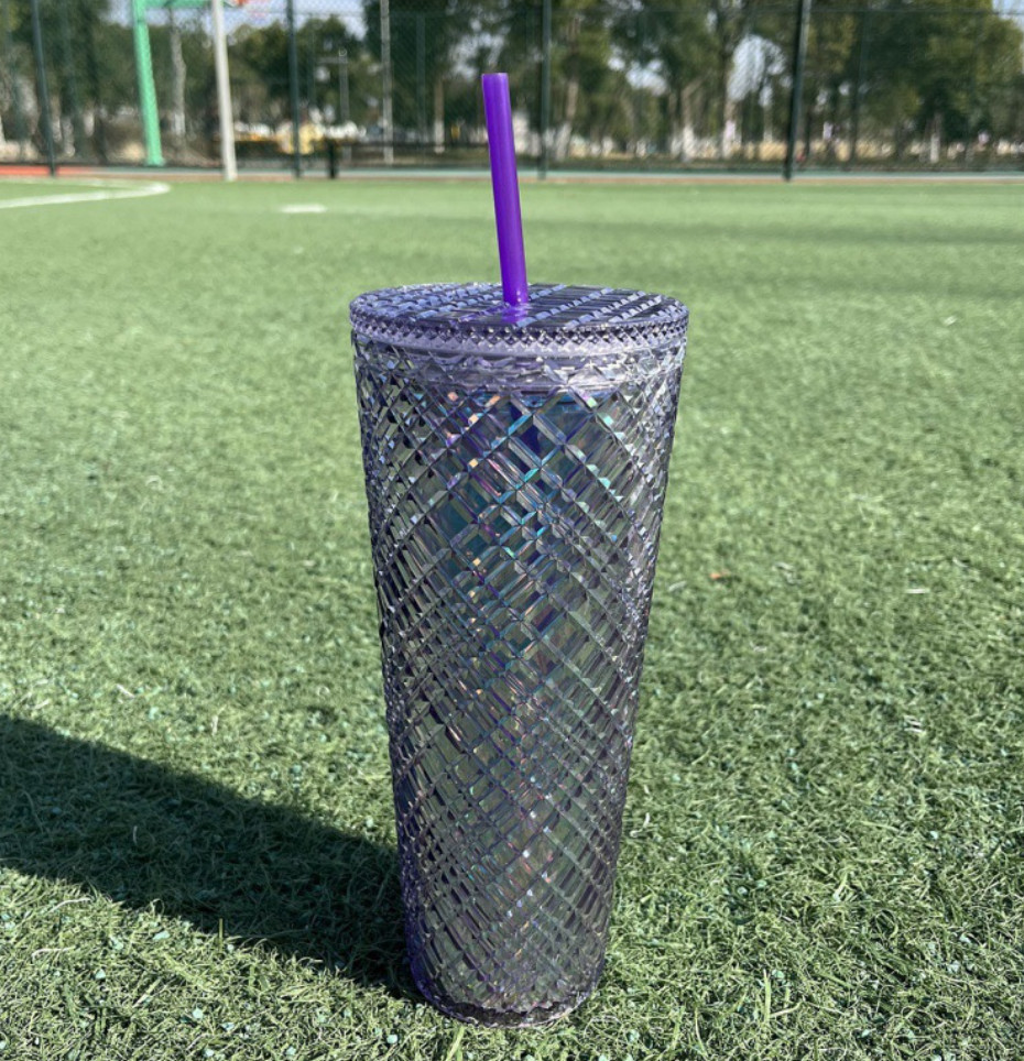 The latest 24oz rhombus transparent color double -layer plastic straw coffee mug Cup, many style choices, support customization of any logo