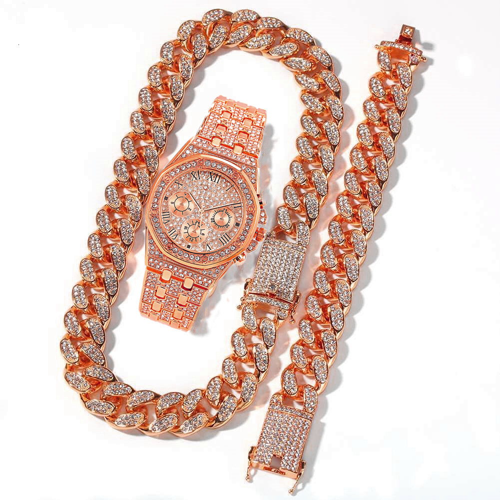 Other Watches Watch Set Necklace Watch Bracelet Hip Hop Miami Cuban Chain Big Gold Color Iced Out Paved s Bling Men Jewelry 230822
