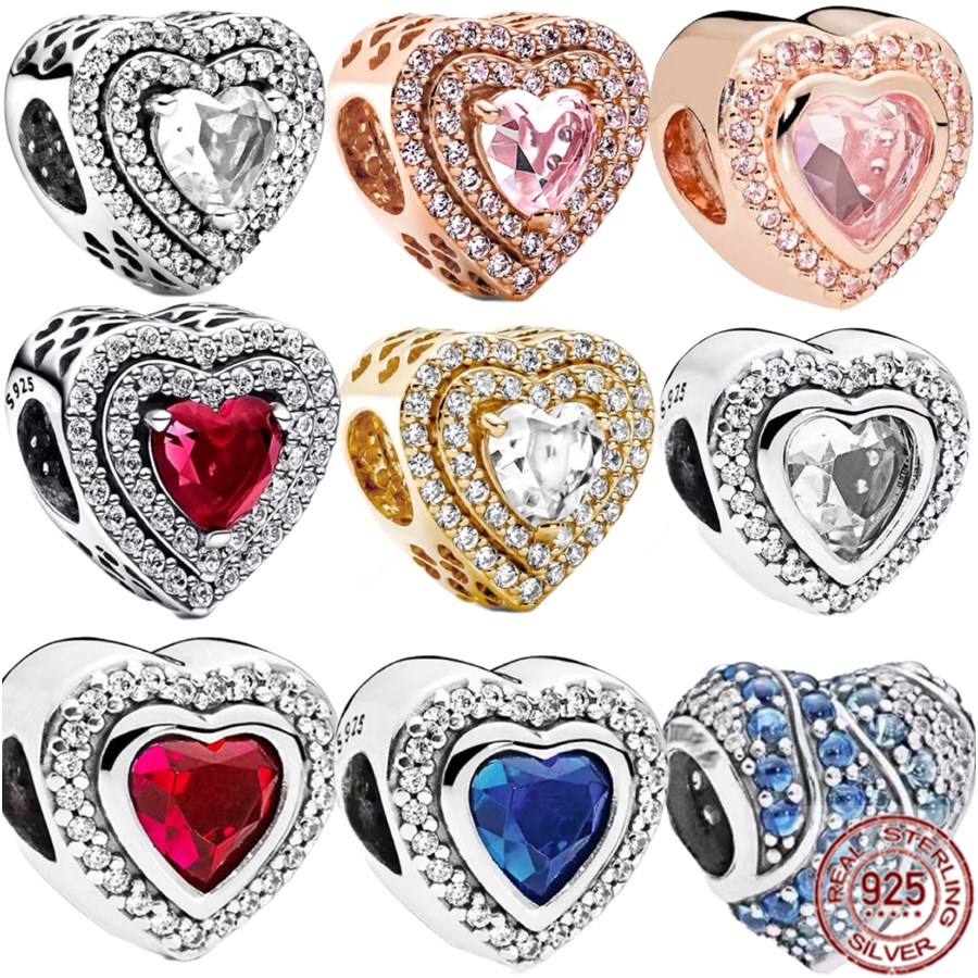 S925 Sterling Silver Heart Shaped Diamond Inlaid Fit Original Bracelet Jewelry Rose Gold Plated Charm Beads DIY Jewelry Free Shipping