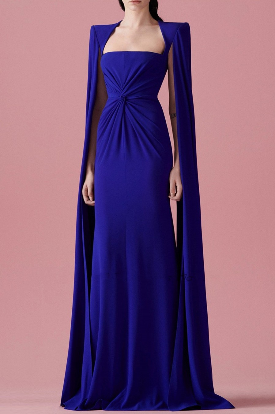 Blue Long Sleeve Shawl Cape Evening Dress Luxury Celebrity Princess Elegant Arab Dubai Prom Gown Satin Square Collar Party Dresses 2023 Vestidos Longo