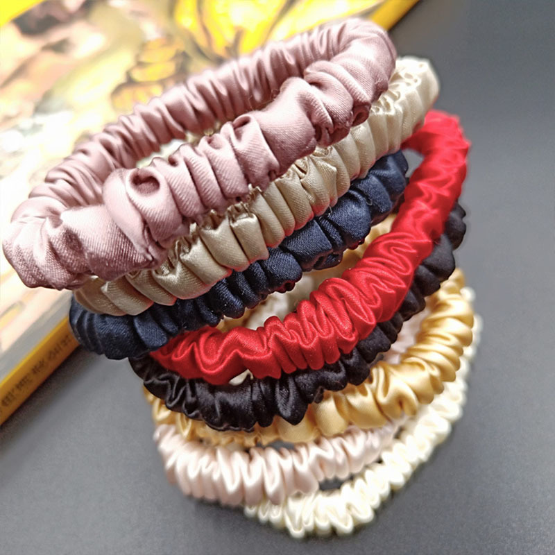 Headbands 100% Pure Silk Womens Hair Scrunchie Hairband 1cm wide Elastic Band Ponytail Holder Accessories 230823