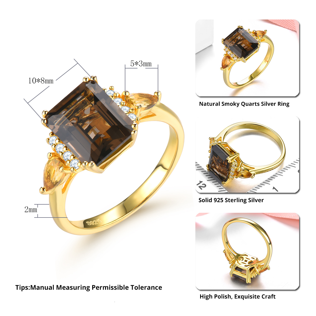Wedding Rings Natural Smoky Quarts Silver Yellow Gold Plated 3 6 Carats Genuine Citrine Women s Classic Style S925 Fine Jewelry 230822