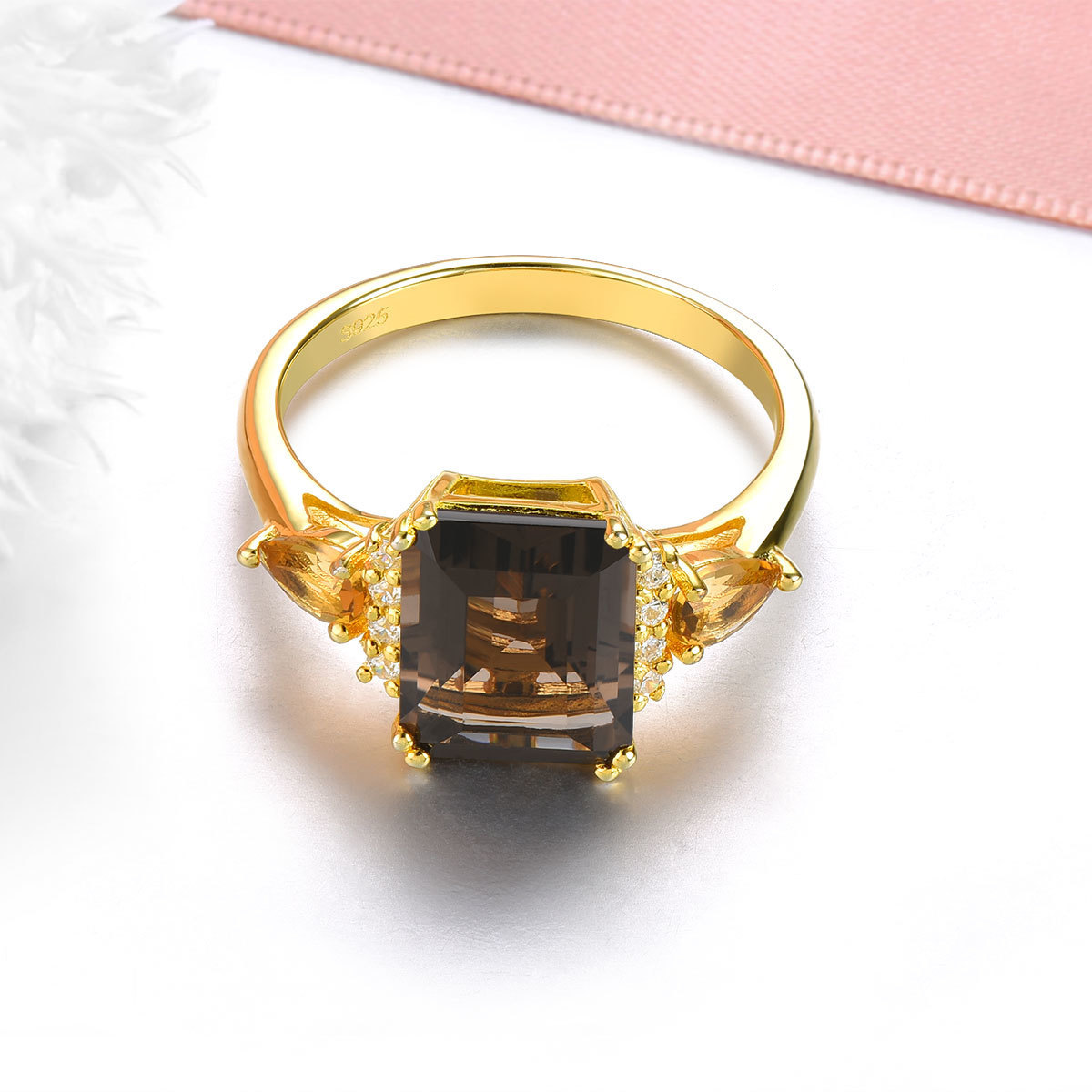 Wedding Rings Natural Smoky Quarts Silver Yellow Gold Plated 3 6 Carats Genuine Citrine Women s Classic Style S925 Fine Jewelry 230822