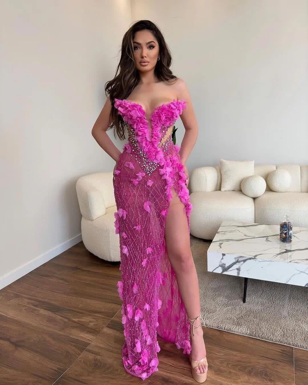 2023 August Aso Ebi Fuchsia Mermaid Prom Dress Crystals High Split Evening Formal Party Second Reception Birthday Engagement Gowns Dresses Robe De Soi