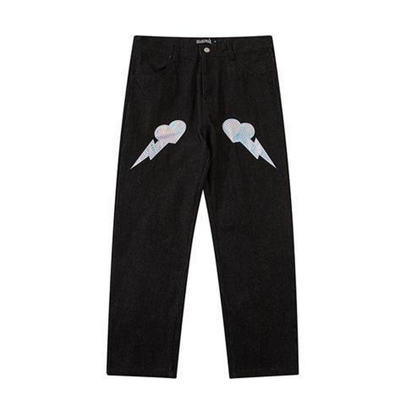 Men s Jeans ins embroidery jeans American street lightning love patch hip hop trousers men y2k 230823