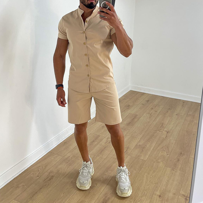 Men's Tracksuits 2023 Summer Sports Set Fashion Casual Solid Color Shirt Short Sleeve and Shorts Two Piece Ropa Para Hombre Tracksuit 230822