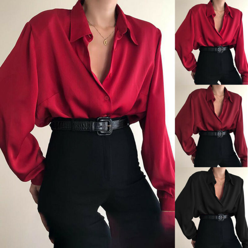 Women s Blouses Shirt Button Turn Down Collar Office Lady Long Sleeve Casual Blouse Loose OL Shirt Baggy Tops Red Wine Red Black 230823