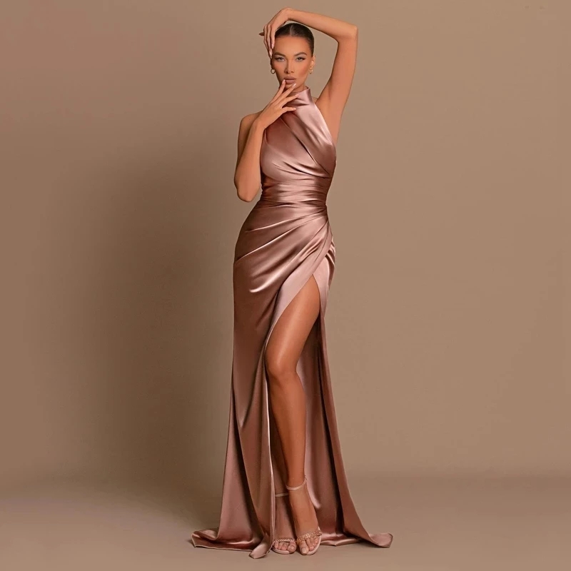 Sexy Simple Mermaid Evening Dress High Neck Pleat Sleeveless Silt Satin Long Prom Birthday Party Dresses 2024 Vestidos Longo Robe De Soiree