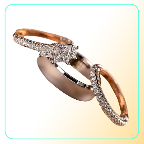 Gorgeous 3PcsSet Women Wedding Rings Mosaic CZ Two Tone Romantic Female Engagement Ring Fashion Jewelry