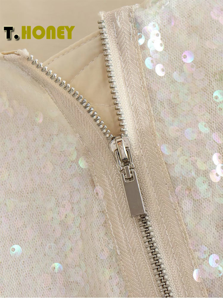 Women's Jackets TELLHONEY Women Fashion Front Zipper Sequin Bomber Jacket Coat Female Casual O-Neck Long Sleeves With Pockets Loose Chic Outfits 