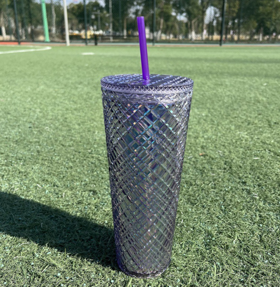 The latest 24oz rhombus transparent color double -layer plastic straw coffee mug Cup, many style choices, support customization of any logo