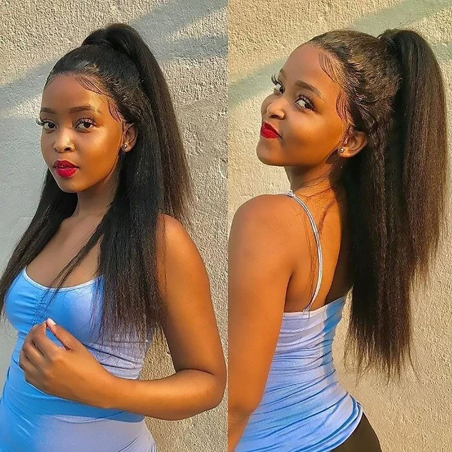 Kinky Straight Human Hair Wigs 4C Kinky Curly Edges 360 HD Lace Frontal Wig Glueless 30 Inch Yaki Straight Lace Front Wig