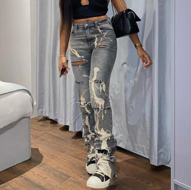 2023 Women's Jeans Women Stacked Cotton Hole Pants Casual Chic Print Ripped Denim Skinny Trousers Gray Elastic Slim Pants