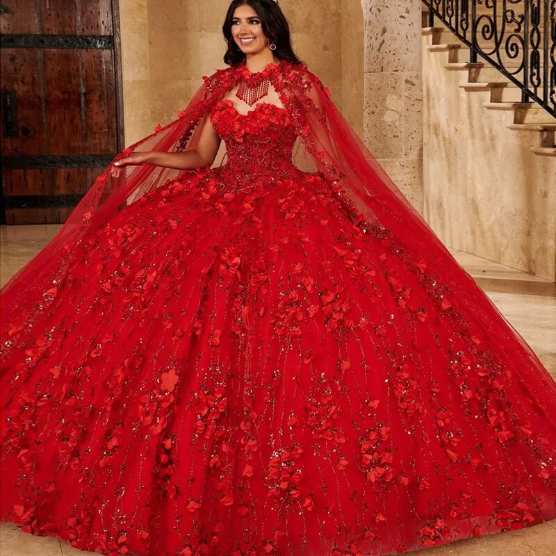 Shiny Red Quinceanera Dresses With Shawl 3D Flower Appliques 15 Anos Sweetheart Ball Gown Junior Girls Birthday Party