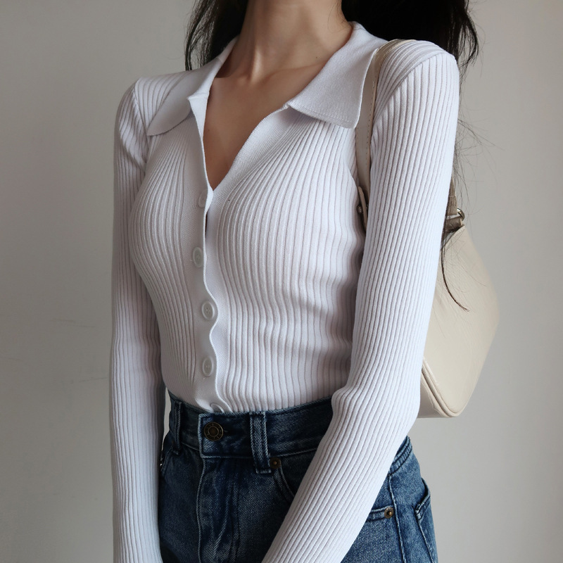Women's Sweaters Women Lapel Slim Slimming Tops Ladies Hollow Buttons Sexy V Neck Long Sleeve POLO Neck Knit Cardigan Sweater Women 230822