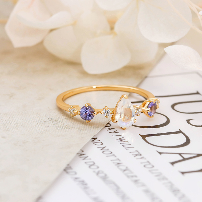 Wedding Rings LAMOON Natural Moonstone Ring For Women Tanzanite Gemstone 925 Sterling Silver Gold Vermeil Fine Jewelry Engagement 230822