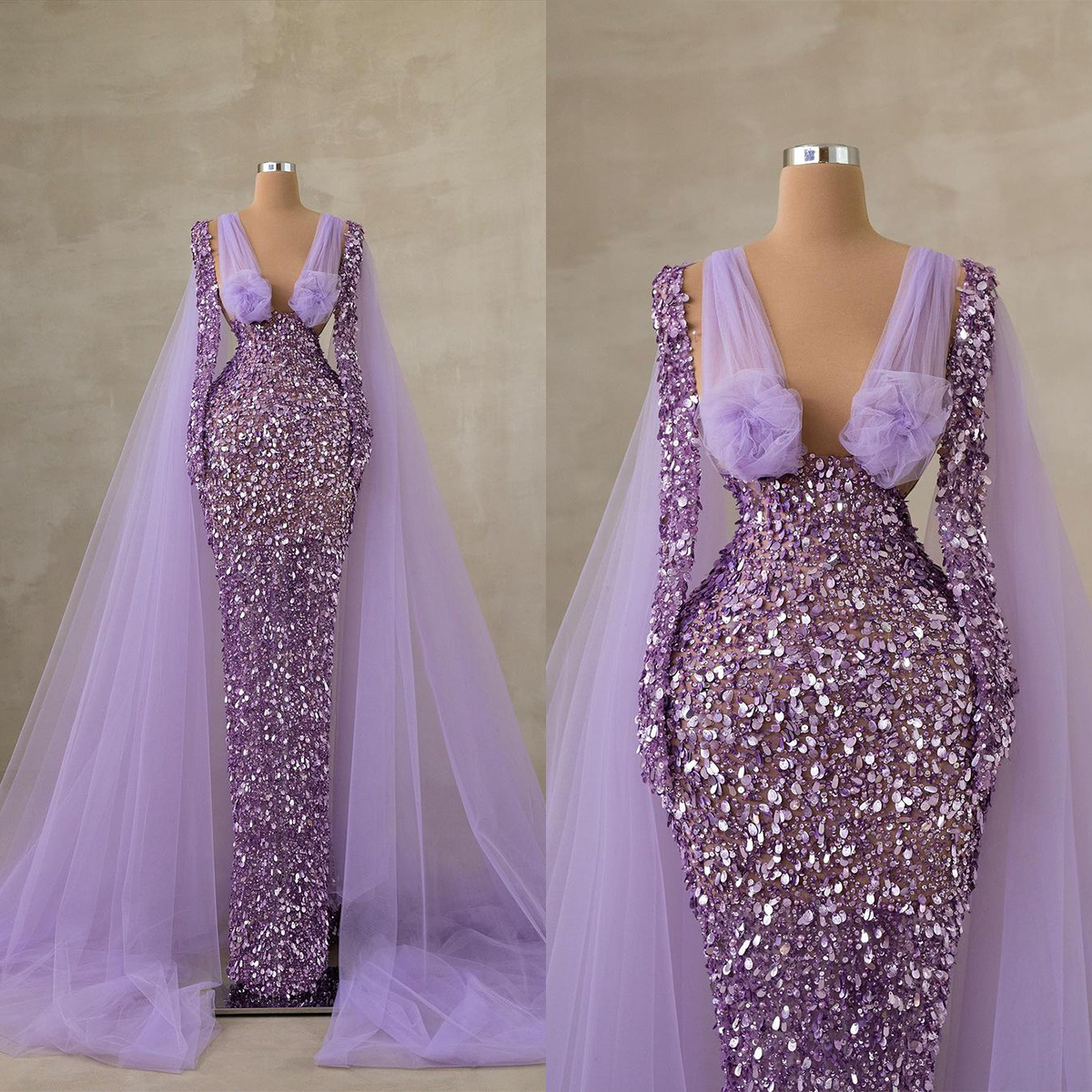 Fairy Purple Evening Dress V Neck Sequins Prom Gowns Illusion Slim Crystals Party Dresses Custom Made