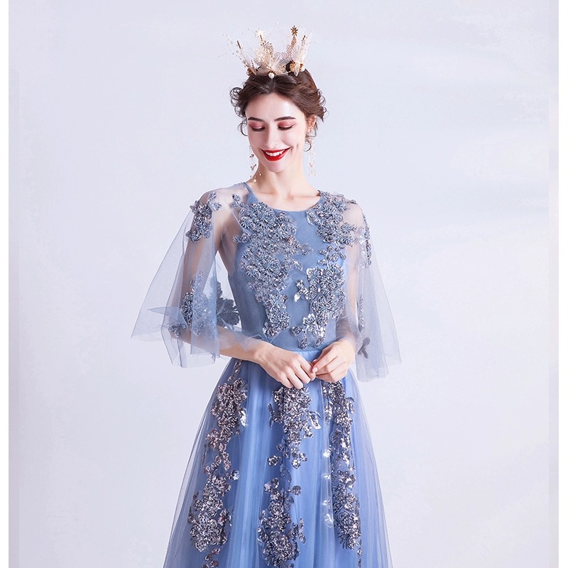 Elegant Blue Dress Mermaid Mother Of The Bride Beaded 3D Floral Appliqued Lace Short Sleeves Floor Length Custom Made Wedding Guest Dresses In Summer 