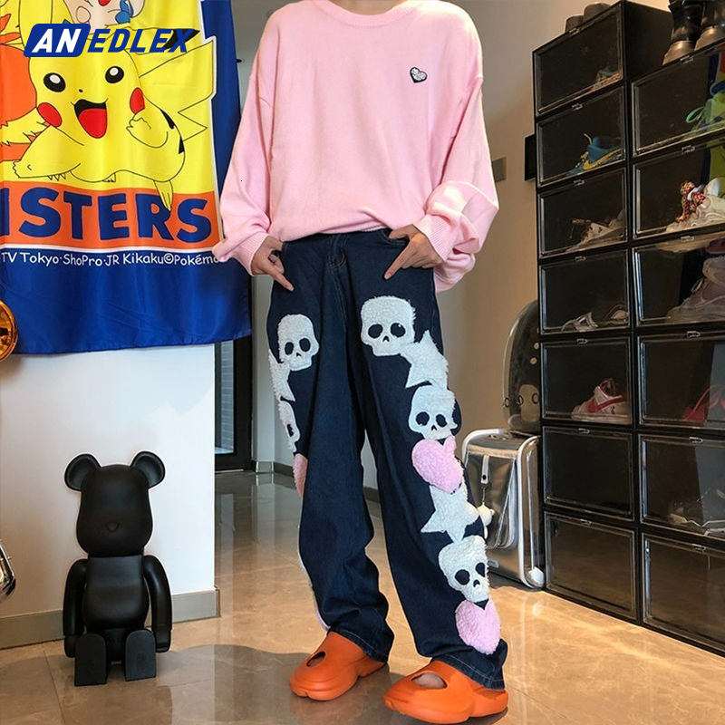 Men s Jeans European American Retro Street Denim Pants Hip Hop Skull Embroidery Oversized Men Women Y2K High All match Trousers 230823