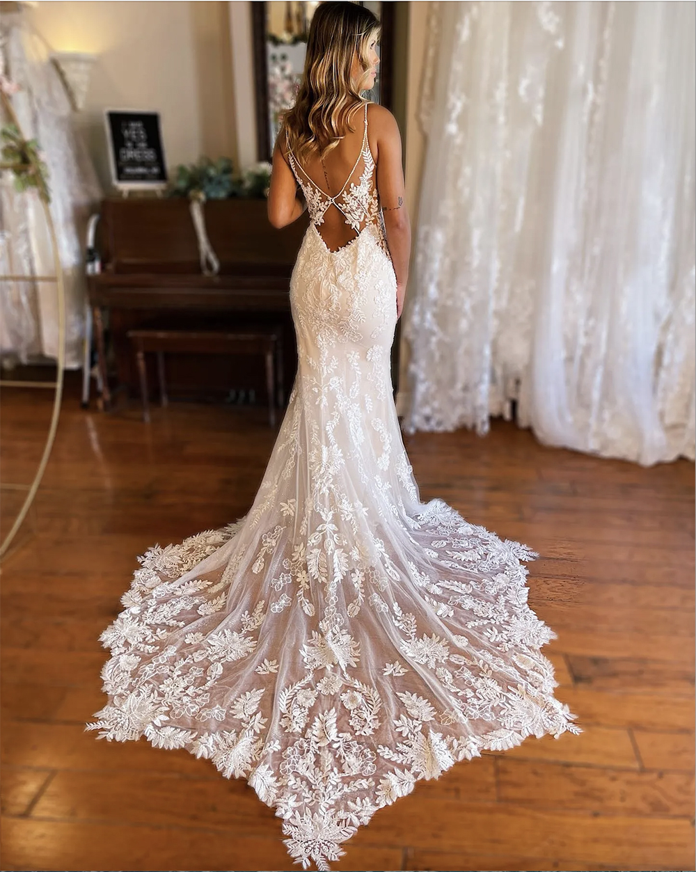 Lace Mermaid Wedding Dress , Sexy Backless Spaghetti Straps, Custom Made Boho Bridal Gown, Tulle, Sweep Train