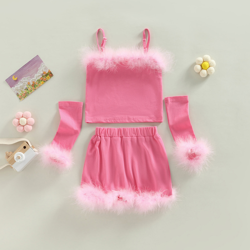 Clothing Sets 1 6Y Kids Girls Autumn Clothes Baby Furry Trim Sleeveless Tops with Oversleeve Short Skirts 3Pcs Children Fashion Outfit 230823